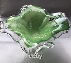 Hand Blown Glass Bowl Italian Centerpiece Stretch Pulled Footed Green Murano