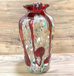 Hand Blown Glass Millefiori Vase Handles Murano-Style Red Drip Gold Flecks 10