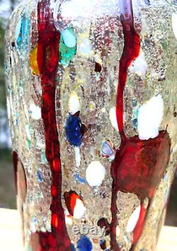 Hand Blown Glass Millefiori Vase Handles Murano-Style Red Drip Gold Flecks 10