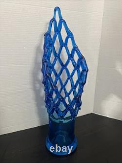 Hand-Blown Glass Murano? Unique 20 Tall Caribbean Blue Lattice WebVase