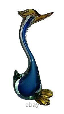 Hand Blown Glass Swan Figurine Spun Glass Vintage Bird Murano Blue Curio Decor