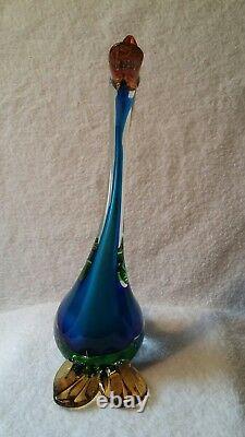Hand Blown Glass Swan Figurine Spun Glass Vintage Bird Murano Blue Curio Decor