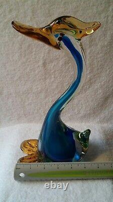 Hand Blown Glass Swan Figurine Spun Glass Vintage Bird Murano Blue Curio Decor