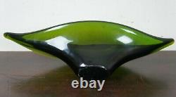 Hand Blown Green Art Glass Centerpiece Heavy Fruit Bowl Freeform Murano Modern