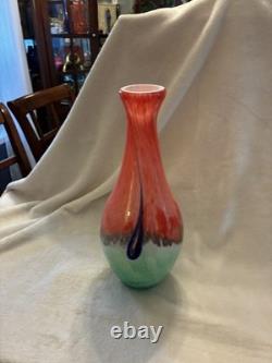 Hand Blown Heavy Art Glass Vase Murano Style 15 Orange, Blue multi colored