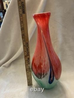 Hand Blown Heavy Art Glass Vase Murano Style 15 Orange, Blue multi colored
