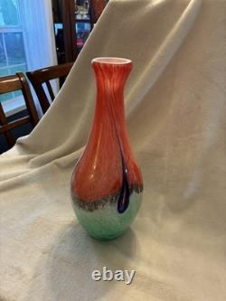 Hand Blown Heavy Art Glass Vase Murano Style 15 Orange, Blue multi colored
