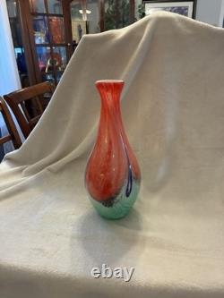 Hand Blown Heavy Art Glass Vase Murano Style 15 Orange, Blue multi colored