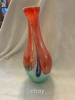 Hand Blown Heavy Art Glass Vase Murano Style 15 Orange, Blue multi colored