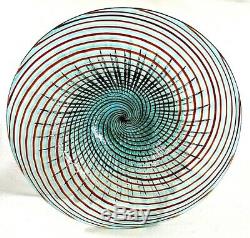 Hand Blown Italian Murano Art Glass Swirl Bowl In Teal, Red Swirl 17 1/4 Dia