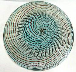 Hand Blown Italian Murano Art Glass Swirl Bowl In Teal, Red Swirl 17 1/4 Dia