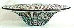 Hand Blown Italian Murano Art Glass Swirl Bowl In Teal, Red Swirl 17 1/4 Dia