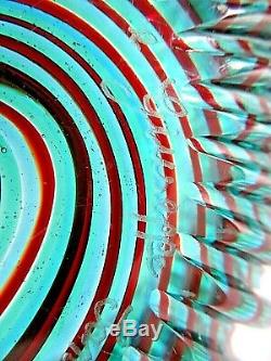 Hand Blown Italian Murano Art Glass Swirl Bowl In Teal, Red Swirl 17 1/4 Dia