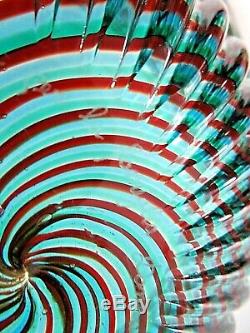 Hand Blown Italian Murano Art Glass Swirl Bowl In Teal, Red Swirl 17 1/4 Dia