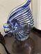 Hand Blown Italy Murano Glass Nautilus Vase Ckear Blue Stripe Line Accents Large