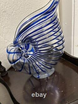 Hand Blown Italy Murano Glass Nautilus Vase Ckear Blue Stripe Line Accents Large