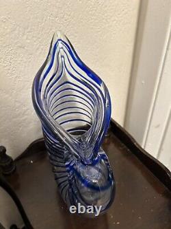 Hand Blown Italy Murano Glass Nautilus Vase Ckear Blue Stripe Line Accents Large