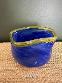 Hand Blown Murano Art Glass Vase / Italian / Blue w Yellow Rim