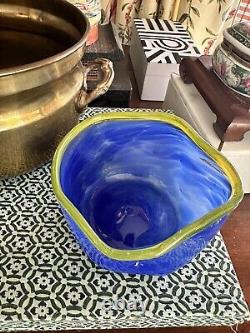 Hand Blown Murano Art Glass Vase / Italian / Blue w Yellow Rim