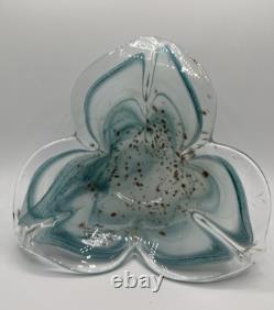Hand Blown Murano Blue Pedal Art Glass Bowl with Gold Flakes