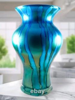 Hand Blown Murano Franco Style Blue Glitter Striped Art Glass Vase 11.75 Tall