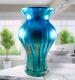 Hand Blown Murano Franco Style Blue Glitter Striped Art Glass Vase 11.75 Tall