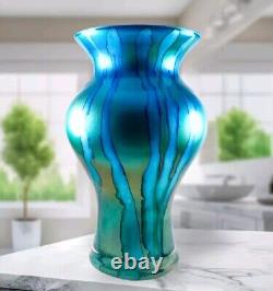 Hand Blown Murano Franco Style Blue Glitter Striped Art Glass Vase 11.75 Tall