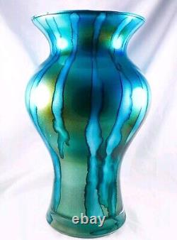 Hand Blown Murano Franco Style Blue Glitter Striped Art Glass Vase 11.75 Tall