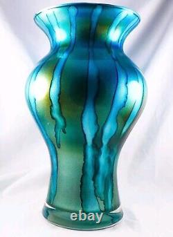 Hand Blown Murano Franco Style Blue Glitter Striped Art Glass Vase 11.75 Tall