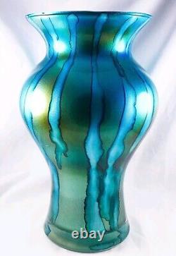 Hand Blown Murano Franco Style Blue Glitter Striped Art Glass Vase 11.75 Tall