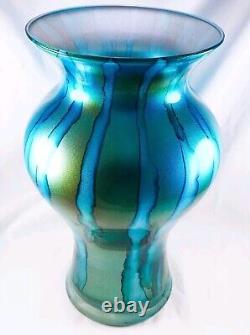 Hand Blown Murano Franco Style Blue Glitter Striped Art Glass Vase 11.75 Tall