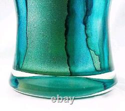 Hand Blown Murano Franco Style Blue Glitter Striped Art Glass Vase 11.75 Tall