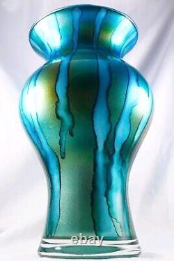 Hand Blown Murano Franco Style Blue Glitter Striped Art Glass Vase 11.75 Tall