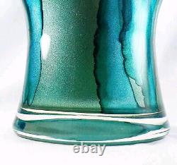 Hand Blown Murano Franco Style Blue Glitter Striped Art Glass Vase 11.75 Tall