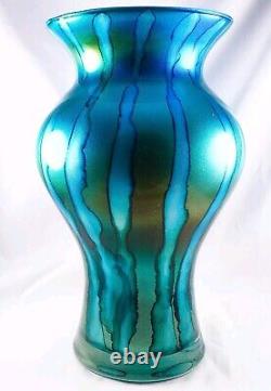 Hand Blown Murano Franco Style Blue Glitter Striped Art Glass Vase 11.75 Tall