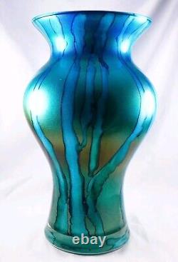 Hand Blown Murano Franco Style Blue Glitter Striped Art Glass Vase 11.75 Tall