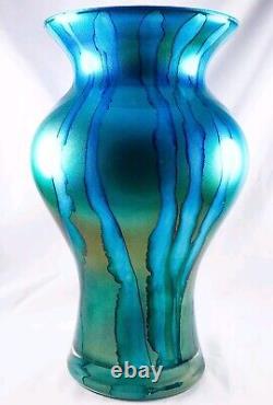 Hand Blown Murano Franco Style Blue Glitter Striped Art Glass Vase 11.75 Tall