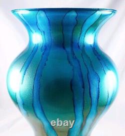 Hand Blown Murano Franco Style Blue Glitter Striped Art Glass Vase 11.75 Tall