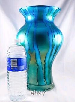 Hand Blown Murano Franco Style Blue Glitter Striped Art Glass Vase 11.75 Tall