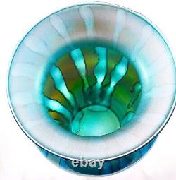 Hand Blown Murano Franco Style Blue Glitter Striped Art Glass Vase 11.75 Tall