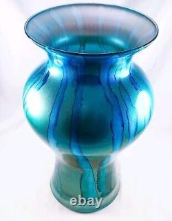 Hand Blown Murano Franco Style Blue Glitter Striped Art Glass Vase 11.75 Tall