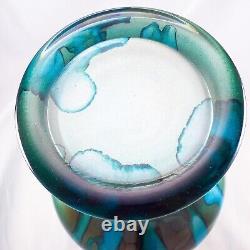 Hand Blown Murano Franco Style Blue Glitter Striped Art Glass Vase 11.75 Tall