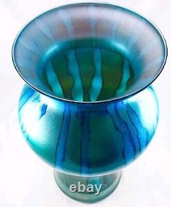 Hand Blown Murano Franco Style Blue Glitter Striped Art Glass Vase 11.75 Tall