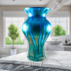 Hand Blown Murano Franco Style Blue Glitter Striped Art Glass Vase 11.75 Tall