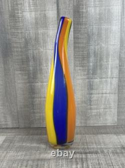 Hand Blown Murano Glass Vase Vintage Blue Yellow Orange 13 Tall