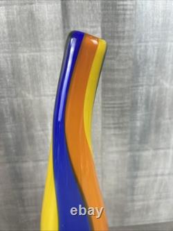 Hand Blown Murano Glass Vase Vintage Blue Yellow Orange 13 Tall
