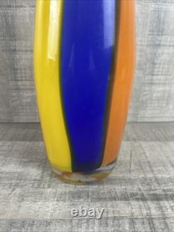 Hand Blown Murano Glass Vase Vintage Blue Yellow Orange 13 Tall