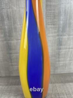 Hand Blown Murano Glass Vase Vintage Blue Yellow Orange 13 Tall