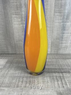 Hand Blown Murano Glass Vase Vintage Blue Yellow Orange 13 Tall