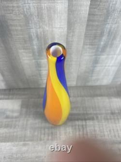 Hand Blown Murano Glass Vase Vintage Blue Yellow Orange 13 Tall